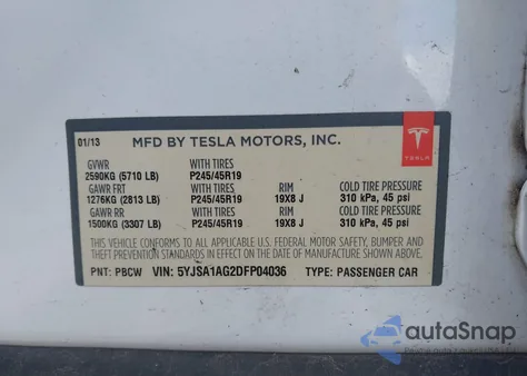 2013 Tesla Model S z USA, uszkodzony, nr VIN 5YJSA1AG2DFP04036